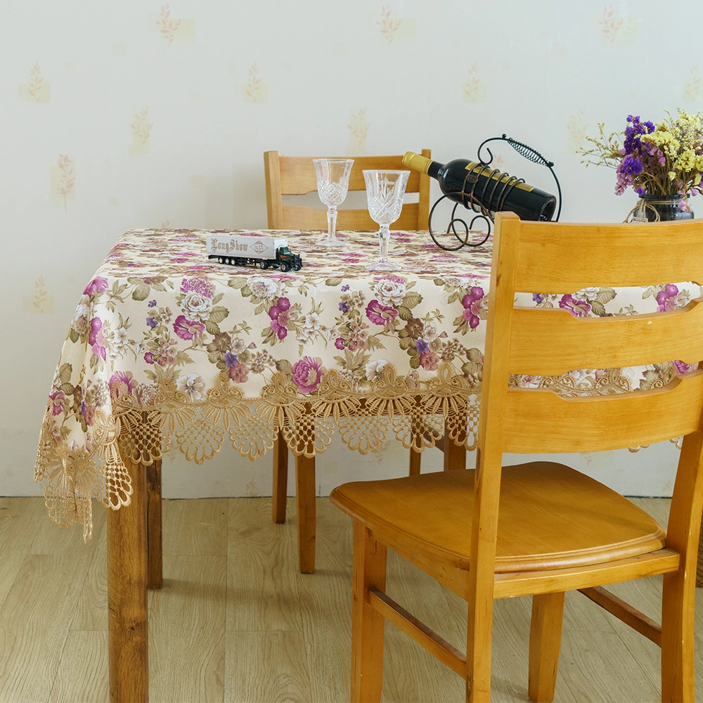Home Textile Cloth Fabric Purple Flowers Printed Jacquard Banquest Wedding Use Tablecloth