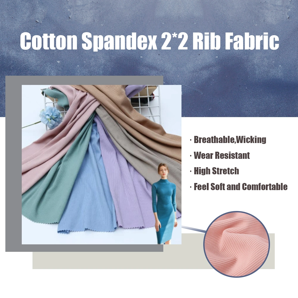 Wholesale China Manufactured Knitted Cotton Spandex Rib Fabric for T-Shirt Dress Cotton 4 Way Stretch Warp Knitting 2*2 Rib Striped Fabric Jersey Knitted Fabric